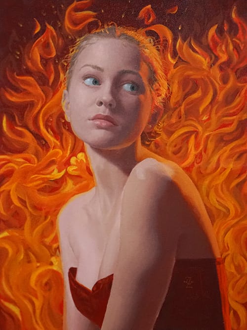 Tessa on Fire, Zach Grayson, 16x12 in, oil on canvas, 2025